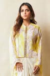 Vedika M_Yellow Kaftan Silk Printed Abstract Round With Draped Skirt _Online_at_Aza_Fashions