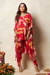 Buy_Vedika M_Red Silk Printed Bandhani Round Kaftan Top And Pant Set _at_Aza_Fashions