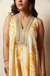 Buy_Vedika M_Yellow Silk Printed Bandhani V Neck Abstract Kurta And Flared Pant Set _Online_at_Aza_Fashions