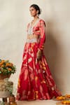 Shop_Vedika M_Red Silk Printed Abstract Bandhani V Neck Lehenga Set _Online_at_Aza_Fashions