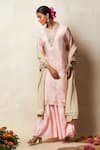 Buy_Vedika M_Pink Kurta And Pant Silk Printed Abstract Bandhani V Neck Flared Set _at_Aza_Fashions