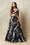 Buy_Vedika M_Black Silk Printed Abstract Round Bandhani Blouse And Lehenga Set _at_Aza_Fashions