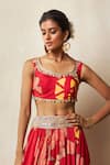 Vedika M_Red Silk Printed Abstract Bandhani Round Emboidered Blouse And Lehenga Set _Online_at_Aza_Fashions