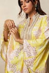 Shop_Vedika M_Yellow Kaftan Silk Printed Abstract Bandhani Collared V And Pant Set _Online_at_Aza_Fashions