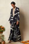 Shop_Vedika M_Black Silk Printed Abstract Bandhani Collared V Kaftan And Pant Set _Online_at_Aza_Fashions