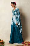 Vedika M_Green Silk Printed Abstract Bandhani V Neck Asymmetric Kaftan Top And Pant Set _Online_at_Aza_Fashions