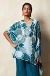 Shop_Vedika M_Green Silk Printed Abstract Bandhani V Neck Asymmetric Kaftan Top And Pant Set _Online_at_Aza_Fashions