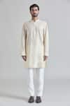 Priti Sahni_Ivory Cotton Silk Embroidery Thread Lucknowi Sherwani Set _Online_at_Aza_Fashions