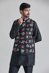 Priti Sahni_Black Cotton Silk Hand Painted Floral Bundi And Kurta Set _at_Aza_Fashions