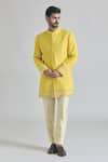 Buy_Priti Sahni_Yellow Cotton Silk Embroidery Thread Lucknowi Work Sherwani Set _at_Aza_Fashions