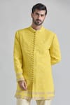 Buy_Priti Sahni_Yellow Cotton Silk Embroidery Thread Lucknowi Work Sherwani Set _Online_at_Aza_Fashions