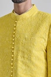 Shop_Priti Sahni_Yellow Cotton Silk Embroidery Thread Lucknowi Work Sherwani Set _Online_at_Aza_Fashions