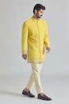 Priti Sahni_Yellow Cotton Silk Embroidery Thread Lucknowi Work Sherwani Set _at_Aza_Fashions