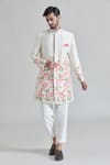 Priti Sahni_Ivory Raw Silk Hand Painted Lotus Sherwani Set _Online_at_Aza_Fashions