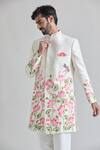 Shop_Priti Sahni_Ivory Raw Silk Hand Painted Lotus Sherwani Set _Online_at_Aza_Fashions