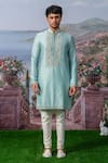 Buy_House of KOA_Blue Kurta Chanderi Silk Embroidery Zardozi Floral Yoke Set _at_Aza_Fashions