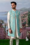 House of KOA_Blue Kurta Chanderi Silk Embroidery Thread Arden Floral Bundi And Set _Online_at_Aza_Fashions