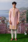 Shop_House of KOA_Pink Kurta Chanderi Silk Embroidery Thread Espen Zardozi Set _at_Aza_Fashions