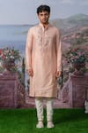 Shop_House of KOA_Pink Kurta Chanderi Silk Embroidery Thread Meadow Floral Set _at_Aza_Fashions