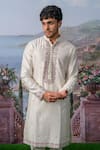 House of KOA_Off White Kurta- Chanderi Silk Embroidery Floral Edwin With Pant _Online_at_Aza_Fashions