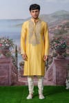 Buy_House of KOA_Yellow Kurta- Chanderi Silk Embroidery Floral Juane Jaal With Pant _at_Aza_Fashions