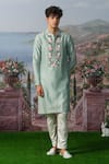 Buy_House of KOA_Blue Kurta- Chanderi Silk Embroidery Rose Bloom Denver Placket With Pant _at_Aza_Fashions