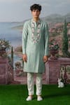 Shop_House of KOA_Blue Kurta- Chanderi Silk Embroidery Rose Bloom Denver Placket With Pant _at_Aza_Fashions