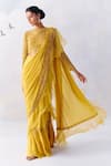 Buy_Awigna_Yellow Chiffon Embroidery Audrey Flora Pre-draped Ruffle Saree With Blouse _at_Aza_Fashions