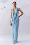 Buy_Awigna_Blue Platinoir Crepe Charlotte Iris Bloom Peplum Jacket Pre-draped Saree Set _at_Aza_Fashions