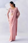 Awigna_Pink Satin Georgette Embroidery Claire Pallu Pre-draped Saree With Blouse _Online_at_Aza_Fashions