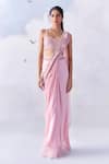 Buy_Awigna_Pink Satin Georgette Grace Periwinkle Bloom Pre-draped Saree With Blouse _at_Aza_Fashions