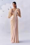 Awigna_Ivory Lycra Embroidery Harper Tassel And Sequin Embellished Pre-draped Saree Set _Online_at_Aza_Fashions