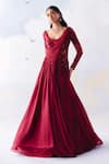 Buy_Awigna_Red Metallic Georgette Embroidery Cutdana Blunt V Neck Isabella Rafflesia Gown _at_Aza_Fashions