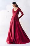 Buy_Awigna_Red Metallic Georgette Embroidery Cutdana Blunt V Neck Isabella Rafflesia Gown _Online_at_Aza_Fashions