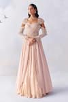 Buy_Awigna_Pink Metallic Georgette Embroidery Pearl Juliet Blossomy Cinderella Plisse Gown _at_Aza_Fashions