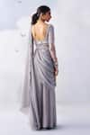 Shop_Awigna_Grey Metallic Georgette Embroidery Pearl Madison Florin Pallu Pre-draped Saree _at_Aza_Fashions