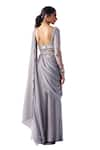 Awigna_Grey Metallic Georgette Embroidery Pearl Madison Florin Pallu Pre-draped Saree _at_Aza_Fashions