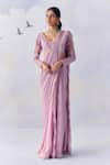 Buy_Awigna_Purple Metallic Victoria Loop Border Plisse Pre-draped Ruffle Saree With Blouse _at_Aza_Fashions