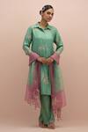 Buy_Kora_Green , Organza Beads, Sequins Collared Floral Work Kurta Pant Set _at_Aza_Fashions