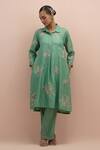 Shop_Kora_Green , Organza Beads, Sequins Collared Floral Work Kurta Pant Set _Online_at_Aza_Fashions