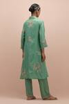 Shop_Kora_Green , Organza Beads, Sequins Collared Floral Work Kurta Pant Set _at_Aza_Fashions