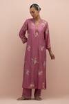 Buy_Kora_Pink Silk Embroidery, Sequins, Beads Printed Applique Work Kurta And Pant Set _at_Aza_Fashions