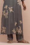 Buy_KORA_Grey Silk Embroidery Floral Notched Neck Straight Kurta Pant Set _Online_at_Aza_Fashions