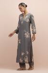 Shop_KORA_Grey Silk Embroidery Floral Notched Neck Straight Kurta Pant Set _Online_at_Aza_Fashions