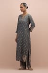 Buy_KORA_Grey Silk Embroidery Floral Notched Neck Floret Straight Kurta Pant Set _Online_at_Aza_Fashions