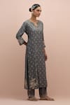 Shop_KORA_Grey Silk Embroidery Floral Notched Neck Floret Straight Kurta Pant Set _Online_at_Aza_Fashions