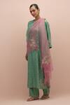 Buy_KORA_Green Silk Embroidery Floral Notched Neck Flower Kurta Pant Set _at_Aza_Fashions