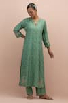 Shop_KORA_Green Silk Embroidery Floral Notched Neck Flower Kurta Pant Set _Online_at_Aza_Fashions