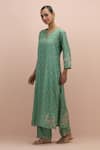 KORA_Green Silk Embroidery Floral Notched Neck Flower Kurta Pant Set _at_Aza_Fashions