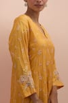 KORA_Yellow Silk Embroidery Floral Notched Neck Flower Kurta Pant Set _at_Aza_Fashions